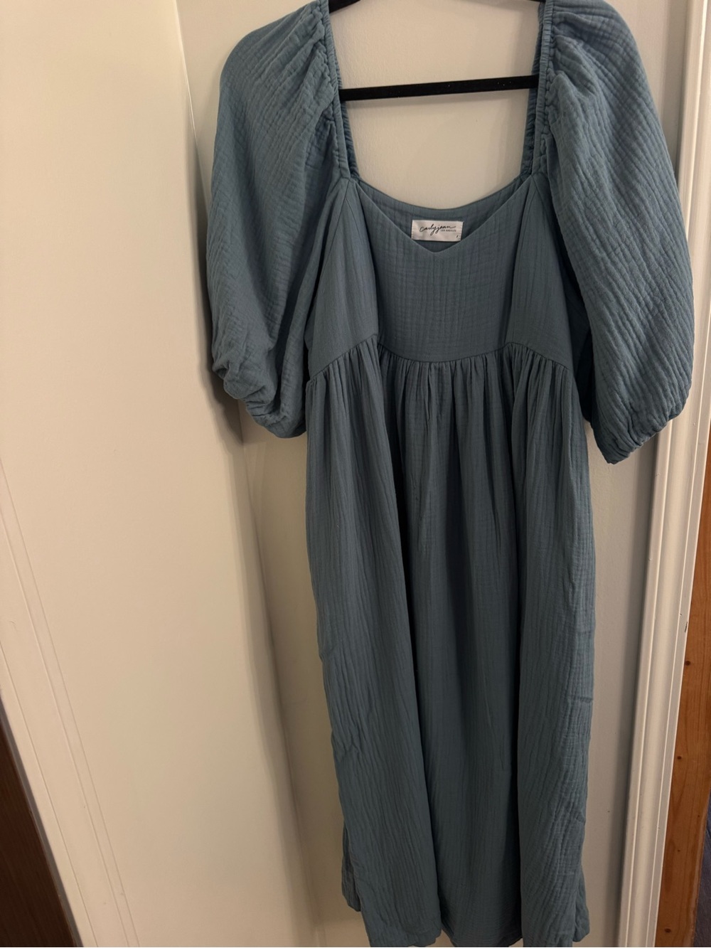 Carly Jean Los Angeles Smocked Puff-Sleeve Dress in Dusty Blue